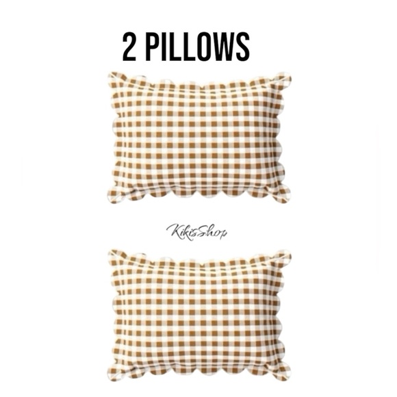 Studio McGee Set of 2-14x20 Gingham Scalloped Edge Outdoor Lumbar Pillow Brown - Picture 1 of 6